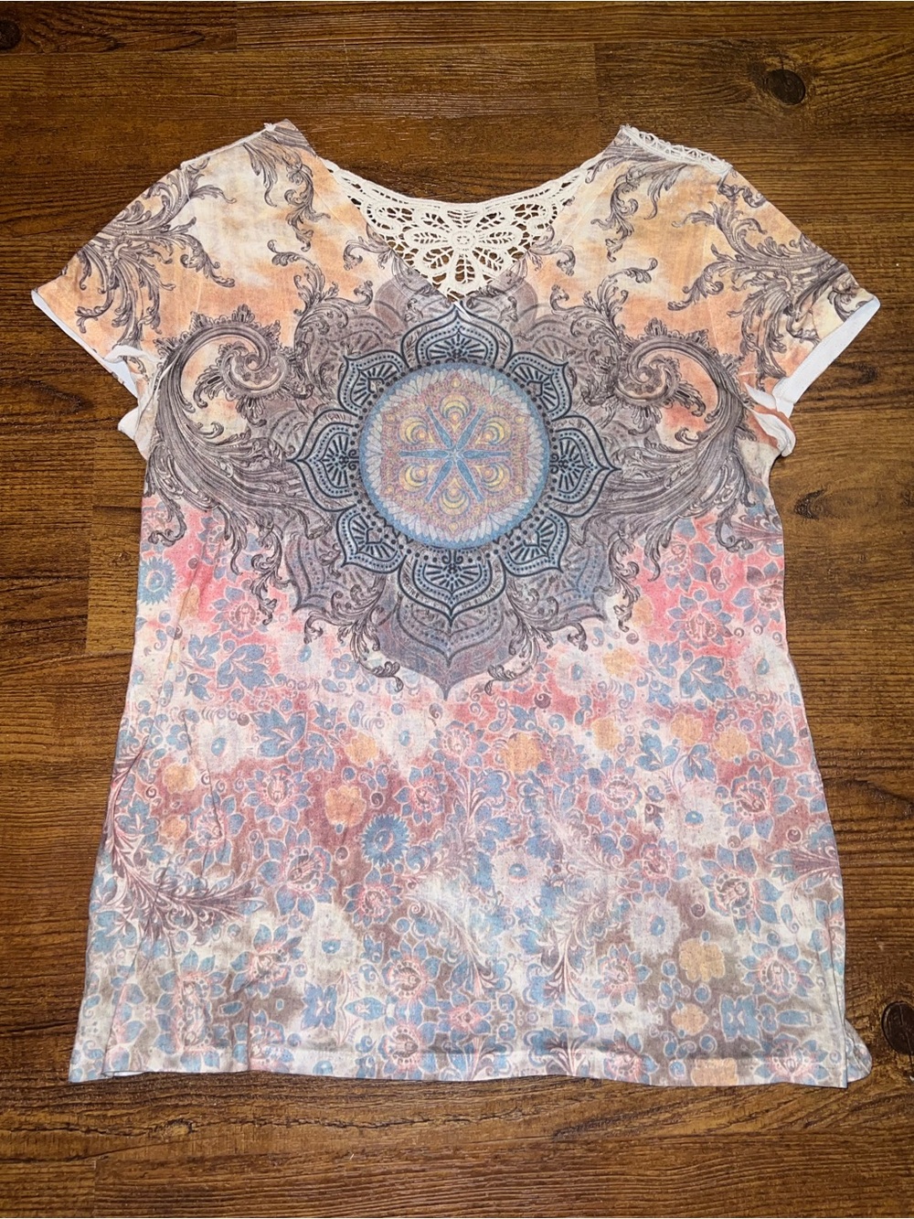Cato Vintage Y2K Mandala Graphic Cream Crochet Lace Short Sleeve Top Boho Size L
